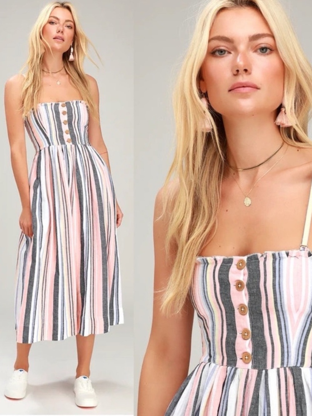 Free People Striped Midi Dress Peach, Blue, Pink, Removable Straps and Buttons